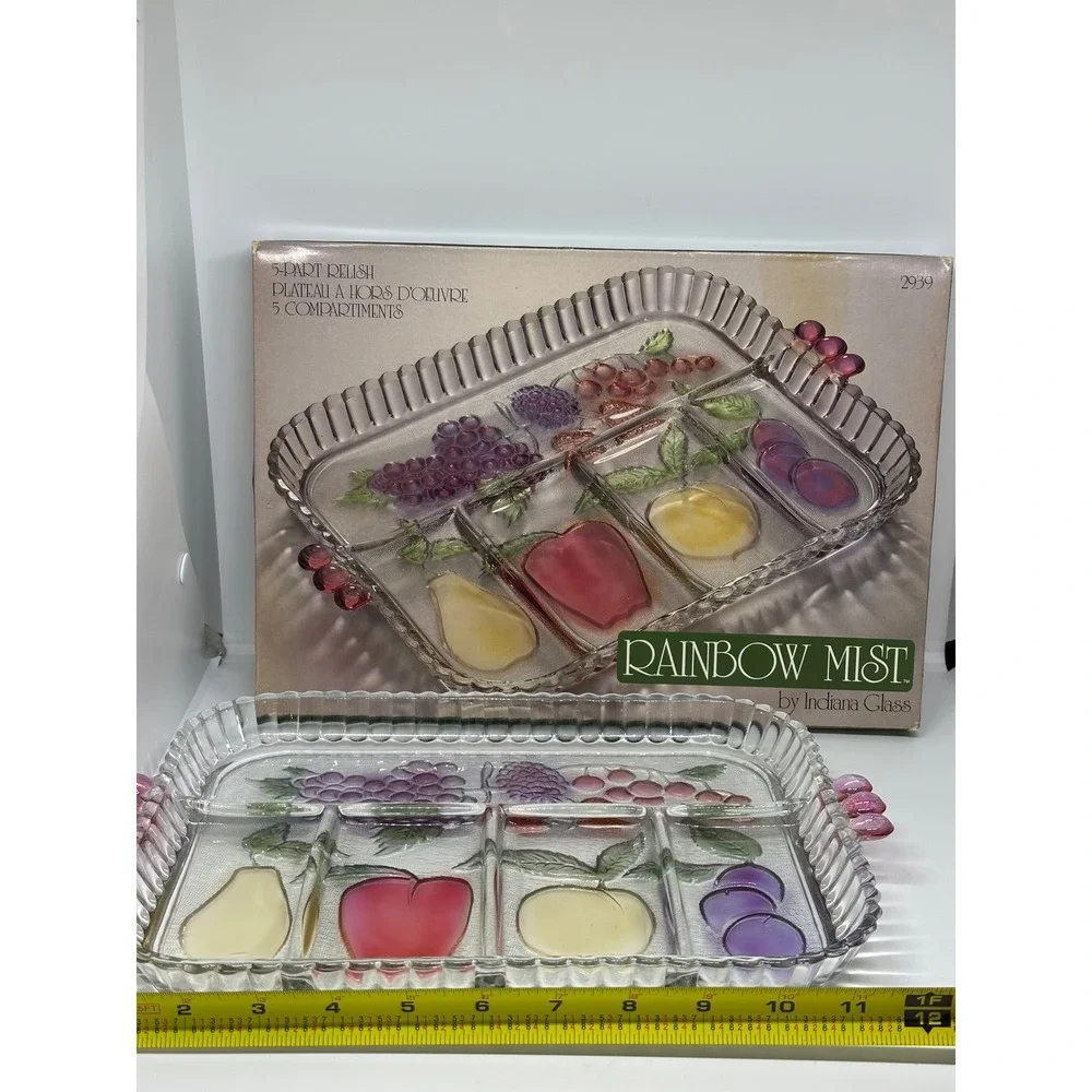 VTG Indiana Glass Rainbow Mist 5 Part Relish Tray Fruit Frosted Clear Platter